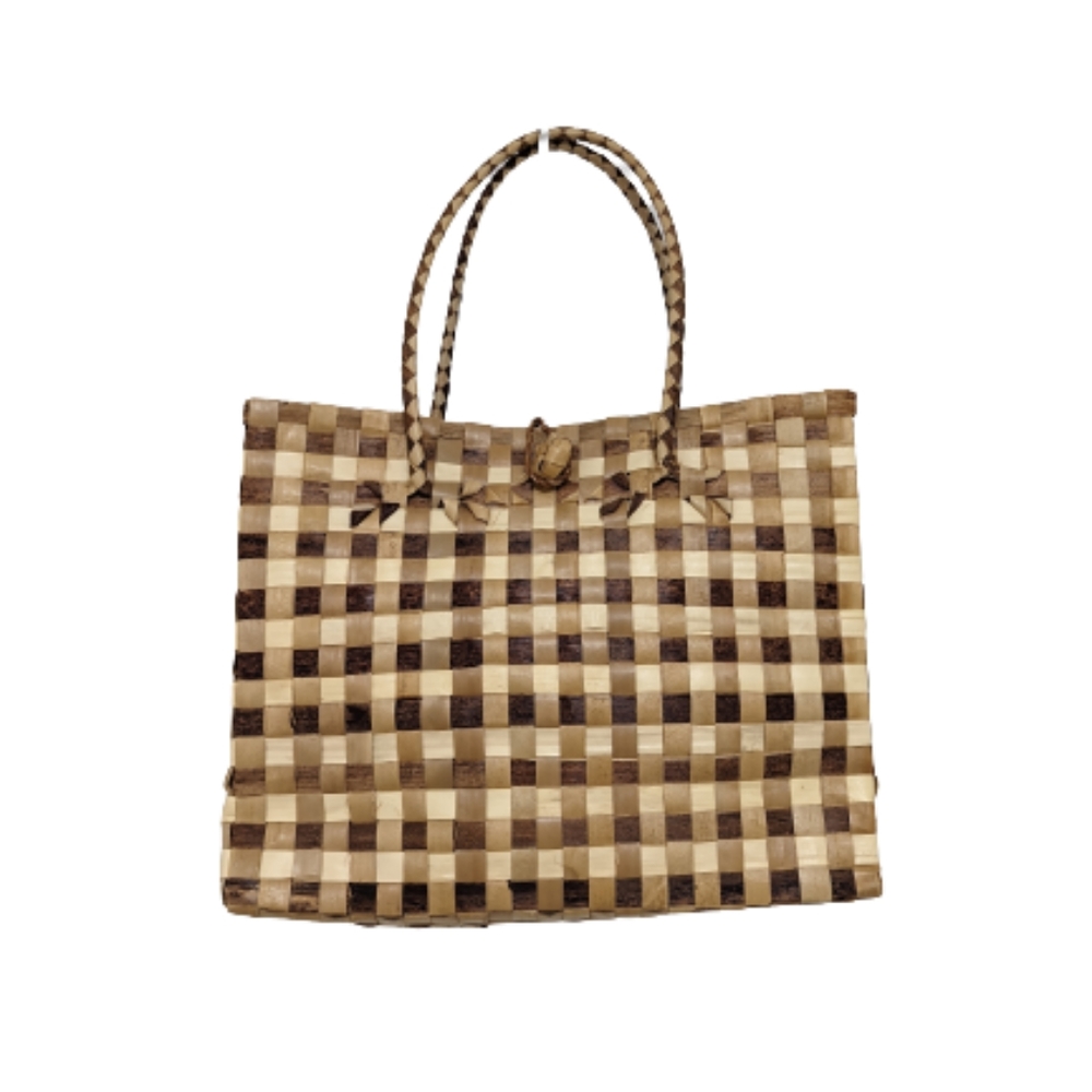 Checkered Handwoven Brown Straw Double Strap Structured Shoulder Tote Bag
